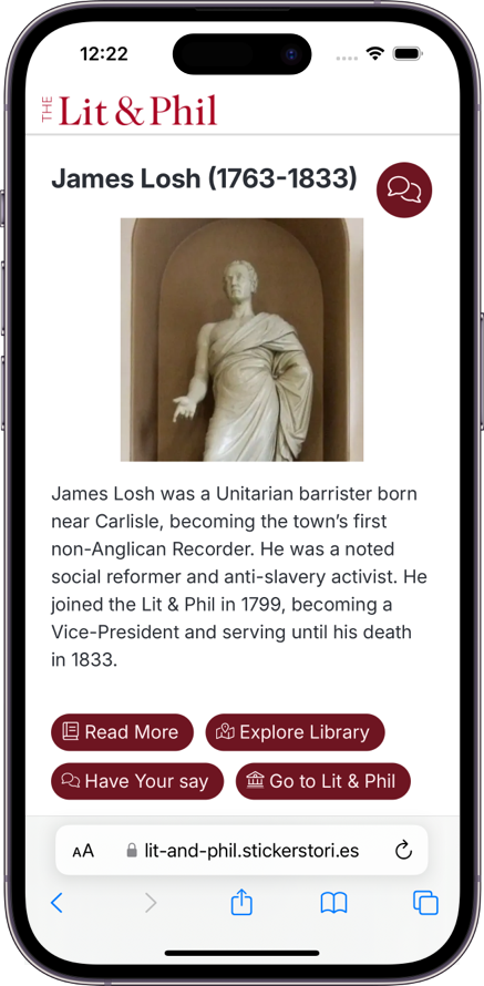 Landing page for James Losh in the 'Discover the Treasures of Lit & Phil' app